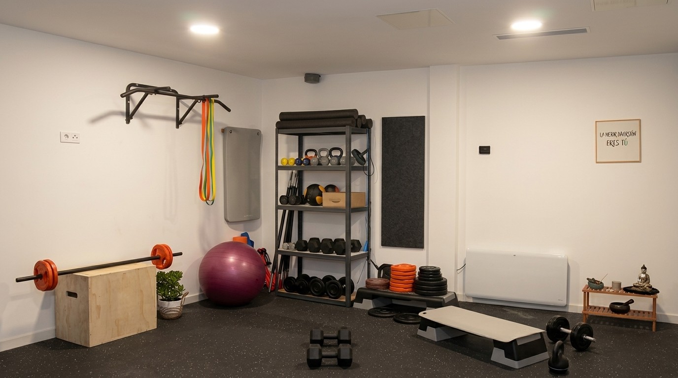 Vista general de la sala de entrenamiento, con la barra de dominaciones, la estantería de material y el fitball