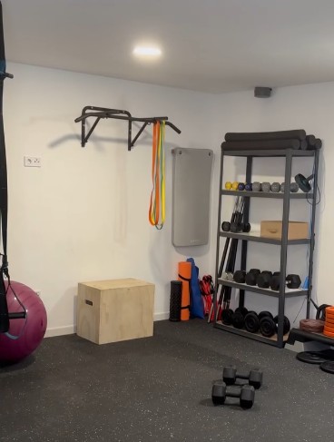 Rincón de la sala con barra de dominaciones, estantería de mancuernas y cajón de salto